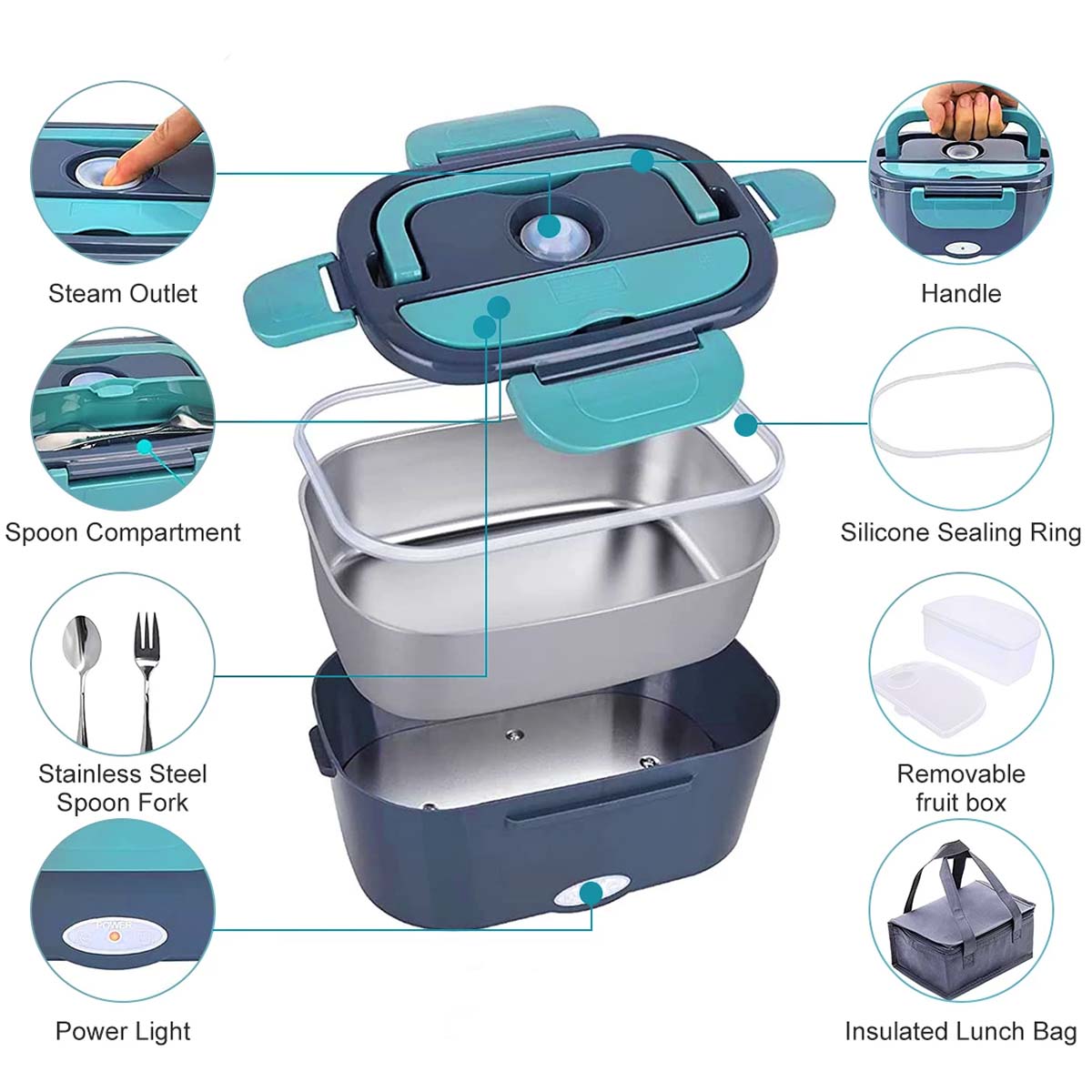 Eu Plug Electric Lunch Box, Blue Food Heater With 2 Compartments